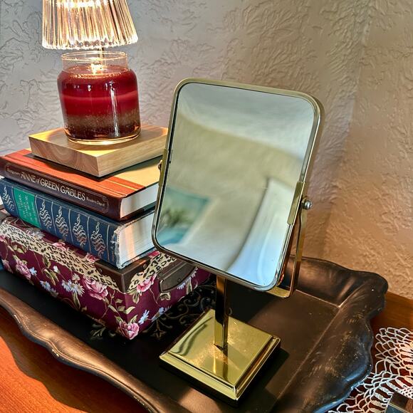 Mid-Century Brass Vanity Mirror on Pedestal Stand – Rectangular Tilt Design - Picture 1 of 14